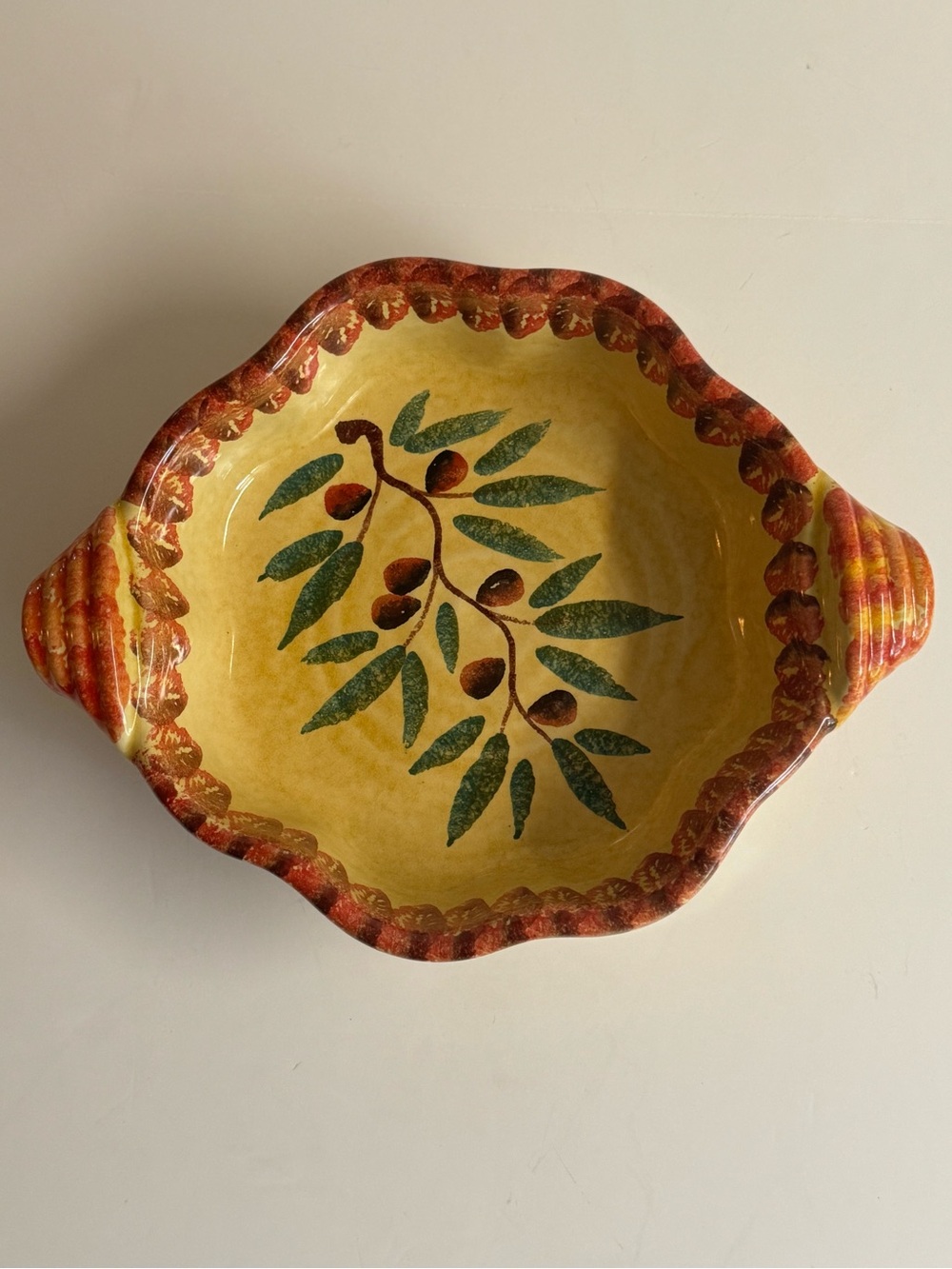 Vintage Italica Ars Hand Painted Cream Red Green Bowl.Made in Italy.Olive Branch